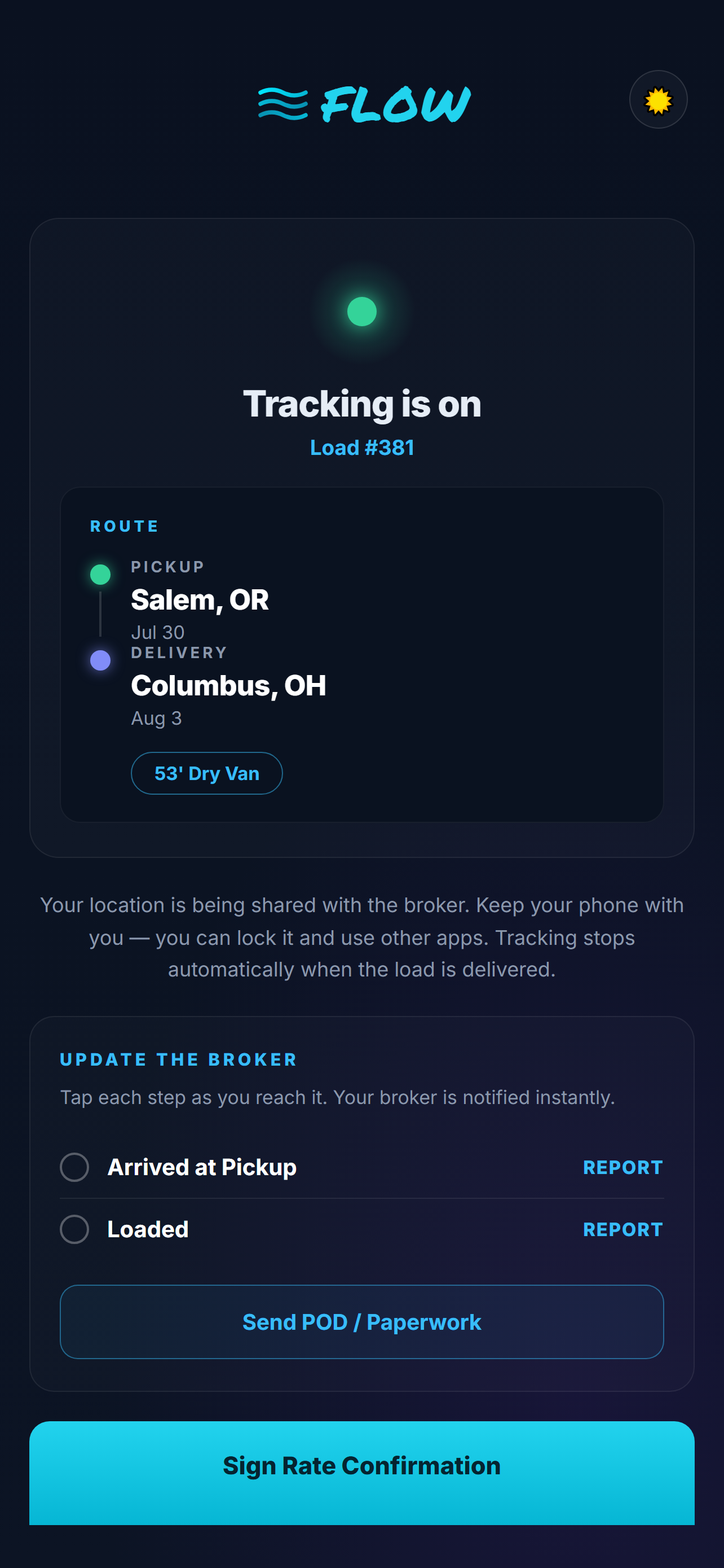 Flow Tracking app — live location tracking from Salem, OR to Columbus, OH with driver milestones